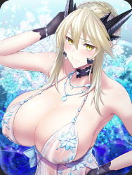 Rule 34 | 1girl, artoria pendragon (fate), artoria pendragon (lancer alter) (fate), artoria pendragon (lancer alter) (royal icing) (fate), babydoll, bare shoulders, black gloves, blonde hair, blue babydoll, blush, braid, breasts, choker, cleavage, collarbone, covered erect nipples, fate/grand order, fate (series), french braid, gloves, hair between eyes, horns, jewelry, large breasts, long hair, looking at viewer, minami koyogi, necklace, official alternate costume, see-through, sidelocks, snowflake print, solo, yellow eyes