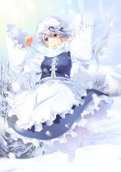 Rule 34 | 1girl, absurdres, apron, bad id, bad pixiv id, blouse, blue eyes, boots, etm (ahong), hat, highres, letty whiterock, long sleeves, mountain, purple hair, scarf, shirt, short hair, skirt, smile, solo, sunlight, touhou, tree, vest