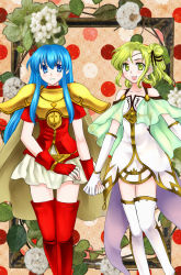 Rule 34 | 2girls, 74, :d, armor, bare shoulders, blue eyes, blue hair, blush, boots, cape, capelet, circlet, collarbone, dress, eirika (fire emblem), elbow gloves, female focus, fingerless gloves, fire emblem, fire emblem: the sacred stones, floral background, flower, friends, gloves, gold armor, green eyes, green hair, grin, happy, holding hands, jewelry, l&#039;arachel (fire emblem), legs, long hair, looking at viewer, multiple girls, neck, nintendo, open mouth, parted lips, ponytail, princess, red footwear, red gloves, red shirt, round teeth, see-through, shirt, short dress, short hair, short sleeves, sidelocks, skirt, smile, standing, teeth, thigh boots, thighhighs, white dress, white footwear, white gloves, white skirt, zettai ryouiki