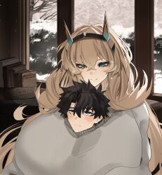 Rule 34 | 1boy, 1girl, absurdres, barghest (fate), between breasts, black hair, blue eyes, blush, breasts, fate/grand order, fate (series), fujimaru ritsuka (male), grey sweater, heterochromia, highres, huge breasts, light brown eyes, light brown hair, long hair, obazzotto, shared clothes, short hair, smile, sweater