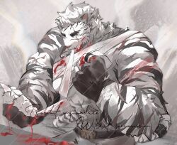 Rule 34 | 1boy, animal ears, applying bandages, arknights, bara, blood, blood on face, clenched hands, cowboy shot, devotion116, facial hair, fighting stance, furry, furry male, goatee, highres, large hands, large pectorals, male focus, mountain (arknights), mouth hold, muscular, muscular male, pectorals, scar, scar across eye, scar on arm, serious, short hair, solo, thick eyebrows, tiger boy, tiger ears, topless male, white hair