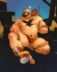 Rule 34 | 2boys, bara, body hair, character request, crotch, groping, highres, male focus, multiple boys, public indecency, restrained, topless male, street fighter, tooboshoo, yaoi, zangief