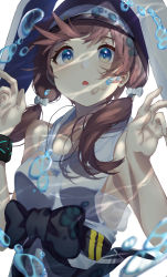 Rule 34 | 1girl, absurdres, air bubble, arknights, bare arms, bare shoulders, black sash, blue eyes, brown hair, bubble, commentary, dress, grey dress, hands up, highres, long hair, looking at viewer, low twintails, parted lips, purestream (arknights), ryu (yanagi), sash, simple background, sleeveless, sleeveless dress, solo, twintails, upper body, white background