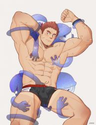 Rule 34 | 1boy, abs, absurdres, ajproton, arms up, bara, bare pectorals, biceps, black male swimwear, blush, brown hair, bulge, erection, erection under clothes, facial hair, facial scar, feet out of frame, hand under clothes, highres, large pectorals, male focus, male swimwear, muscular, muscular male, navel, navel hair, nipples, pectorals, red male swimwear, scar, scar on arm, scar on cheek, scar on face, short hair, sideburns, solo, spirit, spread legs, stomach, stubble, swim briefs, tamamura gunzo, thick thighs, thighs, tokyo houkago summoners