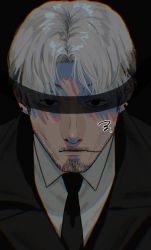 Rule 34 | 1boy, black background, black coat, black necktie, blindfold, chainsaw man, coat, collared shirt, curtained hair, ear piercing, eyes visible through eyewear, facial hair, facial scar, formal, grey hair, highres, kishibe (chainsaw man), lapels, looking at viewer, necktie, notched lapels, piercing, scar, scar on cheek, scar on face, serious, shirt, simple background, solo, stubble, suit, ufufuahaha okg, white shirt