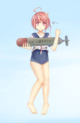 Rule 34 | 10s, 1girl, absurdres, ahoge, barefoot, hair ornament, highres, i-58 (kancolle), kantai collection, looking at viewer, mino zhitu, one-piece swimsuit, pigeon-toed, pink eyes, pink hair, school swimsuit, school uniform, serafuku, short hair, smile, solo, swimsuit, swimsuit under clothes, torpedo, type 95 torpedo