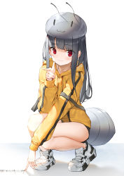 Rule 34 | 1girl, :3, animal, ant, ant girl, antennae, arthropod girl, black shorts, blush, bug, closed mouth, commentary, dduck kong, drawstring, finger gun, grey hair, hat, highres, hood, hood down, hoodie, insect, long hair, looking at viewer, original, personification, red eyes, shoes, short shorts, shorts, solo, squatting, transparent, very long hair, white footwear, yellow hoodie