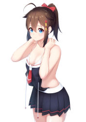 Rule 34 | 1girl, absurdres, adapted costume, ahoge, alternate costume, bare shoulders, blue eyes, blush, braid, breasts, brown hair, cleavage, collarbone, from side, hair between eyes, hair flaps, hair ornament, hair over shoulder, hair ribbon, highres, kantai collection, long hair, looking at viewer, medium breasts, ochiai miyabi, parted lips, ponytail, ribbon, shigure (kancolle), shigure kai ni (kancolle), sidelocks, simple background, solo, swimsuit, untied swimsuit, white background