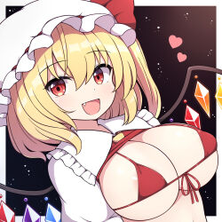 Rule 34 | 1girl, :d, alternate breast size, ascot, bikini, blonde hair, bow, breasts, clothes lift, collared shirt, crystal, embodiment of scarlet devil, fang, flandre scarlet, frilled shirt collar, frills, hair between eyes, hat, hat ribbon, heart, large breasts, looking at viewer, micro bikini, mob cap, navel, one side up, open mouth, red bikini, red eyes, red ribbon, red vest, ribbon, rizento, shirt, shirt lift, short hair, short sleeves, side ponytail, smile, solo, swimsuit, touhou, vest, white hat, white shirt, wings