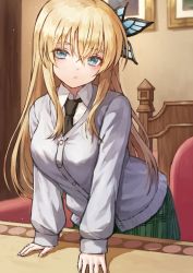 Rule 34 | 1girl, arm support, blonde hair, blue eyes, blush, boku wa tomodachi ga sukunai, breasts, butterfly hair ornament, chair, cleavage, collared shirt, commentary request, crossed bangs, fagi (kakikaki), green necktie, green skirt, grey jacket, hair ornament, indoors, jacket, kashiwazaki sena, large breasts, long hair, long sleeves, looking at viewer, necktie, parted lips, pleated skirt, school uniform, shirt, skirt, solo, table, teeth, white shirt