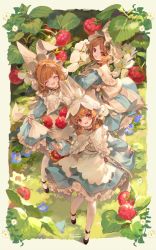 Rule 34 | 3girls, :d, ^ ^, apron, basket, black footwear, blue dress, blue flower, blunt bangs, blush, braid, brown hair, closed eyes, commentary request, crown braid, day, dress, flower, food, frills, fruit, full body, grass, highres, leaf, long sleeves, looking at viewer, medium hair, multiple girls, open mouth, original, outdoors, pantyhose, petticoat, plant, red eyes, skirt hold, smile, standing, strawberry, sunlight, swept bangs, welchino, white apron, white flower, white headwear, white legwear