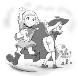 Rule 34 | 1girl, 2boys, age difference, apple, ass, assisted exposure, bad id, bad pixiv id, basket, bottle, breasts, caracol, clothes lift, detached sleeves, dragon&#039;s crown, dress, dress lift, food, fruit, full body, graphite (medium), greyscale, hat, knees together feet apart, large breasts, leaning forward, long hair, looking at another, looking back, mixed media, monochrome, multiple boys, no socks, pigeon-toed, running, short hair, simple background, smile, sorceress (dragon&#039;s crown), staff, standing, traditional media, wide-eyed, witch hat