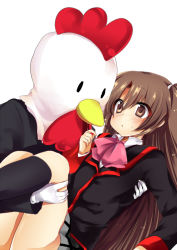 Rule 34 | 1boy, bird, bow, brown eyes, brown hair, carrying, chicken, crossdressing, little busters!, long hair, male focus, masayu, mask, naoe riki, pink bow, princess carry, school uniform, solo, trap