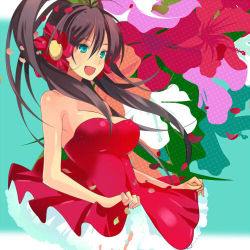 Rule 34 | 00s, 1girl, aqua eyes, bare shoulders, black hair, breasts, clothes lift, cocktail dress, dress, dress lift, female focus, flower, frills, ganaha hibiki, hair flower, hair ornament, happy, idolmaster, idolmaster (classic), large breasts, long hair, lowres, petals, ponytail, solo, strapless, strapless dress, taira tsukune, wind