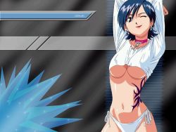 Rule 34 | 1girl, arms up, blue hair, breasts, earrings, jewelry, large breasts, lipstick, makeup, miki (viper), necklace, no bra, one eye closed, panties, shirt, short hair, side-tie panties, smile, solo, stretching, tattoo, underboob, underwear, viper, viper ctr, viper v10, wallpaper, white panties, wink