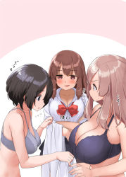 Rule 34 | 2girls, bare back, bare shoulders, black bra, black hair, bow, bowtie, bra, breasts, brown eyes, brown hair, cleavage, collarbone, crossed arms, flying sweatdrops, grey bra, holding, holding clothes, holding shirt, jitome, kaisen chuui, large breasts, looking at another, looking to the side, medium breasts, multiple girls, original, purple eyes, red bow, red neckwear, shirt, short hair, translation request, two-tone background, underwear, underwear only, upper body