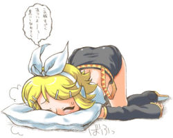 Rule 34 | arm warmers, blonde hair, closed eyes, hair ornament, hairclip, kagamine rin, lowres, manji taba, pillow, shorts, solo, top-down bottom-up, translation request, vocaloid