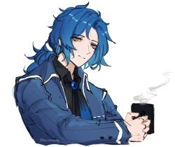 Rule 34 | 1boy, ascot, black ascot, black shirt, blue coat, blue gemstone, blue hair, chesed (project moon), closed mouth, coat, collared shirt, cup, gem, holding, holding cup, library of ruina, long sleeves, looking at viewer, low ponytail, male focus, medium hair, mug, parted lips, project moon, ruiieru, shirt, simple background, solo, white background, yellow eyes