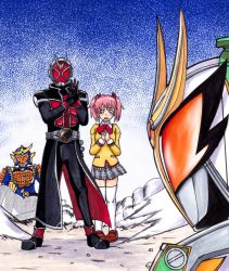 Rule 34 | 10s, 1girl, 3boys, armor, coat, crossover, helmet, kamen rider, kamen rider gaim, kamen rider gaim (series), kamen rider wizard, kamen rider wizard (series), kamen rider zangetsu shin, kaname madoka, mahou shoujo madoka magica, mahou shoujo madoka magica (anime), multiple boys, own hands clasped, own hands together, pink hair, short twintails, tatsumi kei (t k), tears, thighhighs, trench coat, twintails