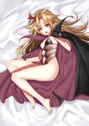 Rule 34 | 1girl, bare legs, barefoot, bed sheet, black cape, bow, brown one-piece swimsuit, cape, casual one-piece swimsuit, clothing cutout, ehart, fang, flat chest, from above, from side, girls&#039; frontline, hair bow, hair ornament, hand on own thigh, looking at viewer, lying, m1919a4 (carmilla) (girls&#039; frontline), m1919a4 (girls&#039; frontline), nail polish, navel, navel cutout, official alternate costume, on side, one-piece swimsuit, parted bangs, pointy ears, purple eyes, red bow, red eyes, red nails, skull hair ornament, slit pupils, solo, straight hair, strapless, strapless one-piece swimsuit, swimsuit, teeth, toenail polish, toenails, upper teeth only, wrist cuffs