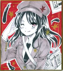 Rule 34 | 1girl, bag, black feathers, black hair, black necktie, brown jacket, cabbie hat, closed jacket, closed mouth, collared shirt, commentary request, falling feathers, feathers, flat cap, hajike akira, happy, hat, highres, jacket, leaf, leaf hat ornament, limited palette, long hair, long sleeves, necktie, newspaper, one eye closed, pointy ears, red background, red eyes, salute, shameimaru aya, shameimaru aya (newsboy), shirt, shoulder bag, smile, solo, suit jacket, tie clip, tongue, tongue out, touhou, traditional media, white shirt