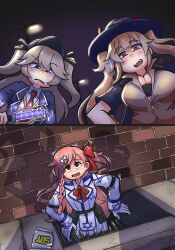 Rule 34 | 2024 new york city jewish tunnels, 3girls, absurdres, blue eyes, blue headwear, blue jacket, blue suit, blue trim, bomber jacket, bow, braid, breasts, brown hair, brown shirt, collared shirt, commission, demon horns, dress, fangs, formal, girls&#039; frontline, gloves, gown, hair bow, hat, hexagram, highres, horns, jacket, large breasts, long hair, long sleeves, m870 (girls&#039; frontline), multiple girls, necktie, negev (girls&#039; frontline), one side up, open mouth, peaked cap, pink hair, red bow, red eyes, red horns, red necktie, serjatronic, shirt, short sleeves, side braid, star of david, suit, super-shorty (girls&#039; frontline), sweater, twintails, two side up, white dress, white gloves, white shirt, yellow sweater