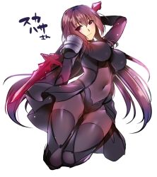 Rule 34 | 1girl, arm up, black thighhighs, covered navel, fate/grand order, fate (series), hanpen (hannpenn2), light smile, long hair, looking at viewer, polearm, purple hair, scathach (fate), simple background, solo, spear, thighhighs, thighs, translation request, weapon, white background