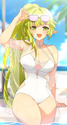 Rule 34 | 1girl, alternate costume, alternate hairstyle, blue sky, blush, breasts, cleavage, cloud, commentary, covered navel, day, earrings, elf, elsword, eyewear on head, green eyes, green hair, highres, jewelry, large breasts, long hair, looking at viewer, one-piece swimsuit, open mouth, outdoors, partially submerged, pointy ears, ponytail, pool, rena erindel, sasa (sa1008va), side ponytail, sideboob, sitting, sky, smile, solo, sunglasses, swimsuit, teeth, thighs, upper teeth only, very long hair, water, wet, white-framed eyewear, white one-piece swimsuit