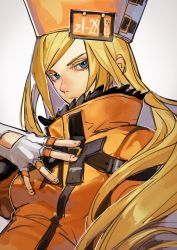 Rule 34 | 1girl, belt, blonde hair, blue eyes, breasts, commentary, english commentary, fingerless gloves, fur hat, gloves, guilty gear, guilty gear xrd, hand on own chest, hat, highres, license plate, long hair, looking at viewer, medium breasts, millia rage, simple background, solo, staring, uncle rabbit ii, upper body, ushanka, white background, white gloves