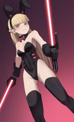 Rule 34 | 1girl, am (star wars), animal ears, bare shoulders, black gloves, black leotard, black thighhighs, blonde hair, blunt bangs, blush, bow, bowtie, breasts, cleavage, closed mouth, detached collar, dual wielding, dutch angle, earrings, energy sword, fake animal ears, frown, gloves, gradient background, highres, hime cut, holding, holding lightsaber, holding sword, holding weapon, jewelry, jourd4n, leotard, lightsaber, long hair, looking at viewer, medium breasts, playboy bunny, purple eyes, rabbit ears, red bow, red bowtie, red lightsaber, single earring, solo, standing, star wars, star wars: visions, strapless, strapless leotard, stud earrings, sword, thighhighs, weapon