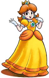 1girl brown_hair crown dress earrings flower_earrings full_body gloves hands_up highres jewelry looking_to_the_side mario_&amp;_luigi_rpg mario_(series) mast3r-rainb0w nintendo orange_dress princess_daisy puffy_short_sleeves puffy_sleeves short_sleeves smile solo standing third-party_source tomboy