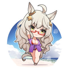 Rule 34 | 1girl, ahoge, animal ears, beach, bikini, biwa hayahide (umamusume), blue sky, breasts, chibi, closed mouth, cloud, cloudy sky, commentary, day, ear ornament, full body, glasses, grey hair, hand up, highres, horizon, horse ears, horse girl, horse tail, jewelry, large breasts, light smile, long hair, looking to the side, necklace, ocean, open clothes, outdoors, red-framed eyewear, red bikini, round image, sandals, semi-rimless eyewear, short sleeves, sky, solo, standing, swimsuit, tail, thighs, umamusume, very long hair, warashi, water, yellow eyes
