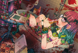 Rule 34 | 1boy, bathtub, black-framed eyewear, black bow, blood, blood splatter, blue hair, blush, bottle, bow, box, casual nudity, claw foot bathtub, commentary request, computer, cup, curtains, doughnut, eating, empty eyes, food, glasses, gradient hair, hair bow, headphones, headphones around neck, highres, holding, indoors, laptop, long hair, macaron, male focus, mug, multicolored hair, nipples, nude, open box, original, pastry box, pink eyes, pink hair, scrunchie, shampoo, shiori (moechin), solo, table, tile wall, tiles, toilet, trap, window, wrist scrunchie