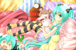 Rule 34 | 1girl, alarm clock, aqua eyes, aqua hair, bed, breasts, casual, character doll, cleavage, clock, hatsune miku, hugging doll, hugging object, long hair, looking at viewer, medium breasts, pantyhose, pillow, solo, striped clothes, striped pantyhose, stuffed animal, stuffed rabbit, stuffed toy, teddy bear, twintails, villyane, vocaloid