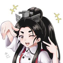Rule 34 | ascot, black hair, blouse, brown eyes, collared shirt, dated, forehead, hair ornament, hair tie, headgear, high ponytail, kantai collection, long hair, long sleeves, multi-tied hair, neckerchief, nisshin (kancolle), official alternate costume, one eye closed, open mouth, red ribbon, ribbon, shirt, short eyebrows, signature, smile, suspenders, thick eyebrows, tk8d32, upper body, v, very long hair, white neckerchief, white shirt
