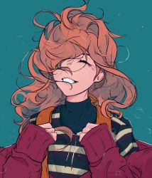Rule 34 | 1girl, aqua background, backpack, bag, closed mouth, elliemaplefox, hair over one eye, highres, jacket, long sleeves, messy hair, orange bag, original, parted lips, red jacket, shirt, simple background, smile, solo, striped clothes, striped shirt