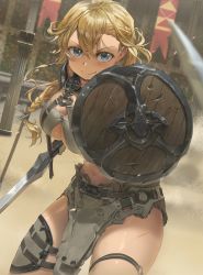 Rule 34 | 1girl, abs, absurdres, armor, belt, blonde hair, blue eyes, blush, braid, breasts, cleavage, closed mouth, colosseum, cowboy shot, crop top, floating hair, free style (yohan1754), french braid, gladiator, hair between eyes, highres, holding, holding shield, holding sword, holding weapon, injury, large breasts, long hair, looking at viewer, navel, original, outdoors, shield, sidelocks, smile, solo, sword, thigh strap, weapon