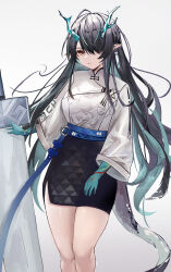 Rule 34 | 1girl, absurdres, aqua hair, aqua skin, arknights, bare legs, belt, black hair, black skirt, closed mouth, dragon girl, dragon horns, dragon tail, dusk (arknights), earrings, feet out of frame, gradient background, grey background, hair over one eye, high-waist skirt, highres, horns, jewelry, long hair, long sleeves, looking at viewer, multicolored hair, official alternate costume, pointy ears, red eyes, side slit, skirt, solo, standing, sword, tail, two-tone hair, very long hair, weapon, yuanqi (chriu)