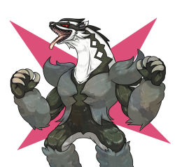 Rule 34 | claws, commentary request, creatures (company), game freak, gen 8 pokemon, grey fur, hands up, nintendo, no humans, obstagoon, open mouth, pokemon, pokemon (creature), sharp teeth, shuga (mhwii), smile, solo, teeth, tongue