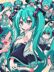 Rule 34 | &gt; &lt;, 1girl, :3, :i, ahoge, anger vein, black skirt, black sleeves, blue eyes, blue hair, blue nails, blue necktie, blush, chibi, closed eyes, commentary, cropped torso, detached sleeves, double v, embarrassed, english commentary, excited, exhausted, hatsune miku, highres, implied kiss, irasutogakari, long hair, multiple views, necktie, polka dot, polka dot background, pout, shaded face, shirt, skirt, surprised, upper body, v, v-shaped eyebrows, very long hair, vocaloid, white shirt, yellow background