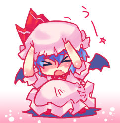 Rule 34 | 1girl, charisma guard, chibi, cowering, female focus, full body, gradient background, hat, remilia scarlet, solo, squatting, stroma, touhou, white background, wings