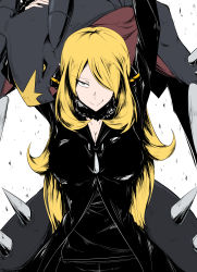 Rule 34 | 1girl, arms around neck, arms up, black coat, black pants, black sclera, black sweater, blonde hair, breasts, cleavage, closed mouth, coat, colored sclera, cowboy shot, creatures (company), cynthia (pokemon), debris, detached collar, fur collar, game freak, garchomp, gen 4 pokemon, hair ornament, hair over one eye, half-closed eye, height difference, highres, large breasts, long hair, long sleeves, nintendo, pants, parted bangs, pokemon, pokemon (creature), pokemon dppt, shimure (460), slit pupils, smile, smug, sweater, very long hair, yellow eyes