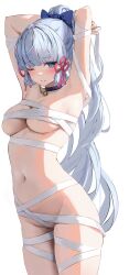 Rule 34 | 1girl, absurdres, arms behind head, ayaka (genshin impact), bandages, bell, blue bow, blue eyes, blunt bangs, bow, breasts, collarbone, covered erect nipples, flower knot, genshin impact, grey hair, groin, hair ribbon, highres, leviathan (hikinito0902), looking at viewer, medium breasts, naked bandage, navel, neck bell, one eye closed, parted lips, pink ribbon, ponytail, ribbon, solo, tress ribbon, white background