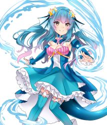 Rule 34 | 1girl, absurdres, aqua hair, aqua skirt, aqua thighhighs, bare shoulders, blue dress, blue hair, breasts, brown eyes, cleavage, closed mouth, commission, detached collar, detached sleeves, dress, feet out of frame, fins, floating hair, hair ornament, head fins, highres, long hair, medium breasts, original, simple background, skirt, smile, solo, star (symbol), star hair ornament, tail, thighhighs, water, white background, yaya chan