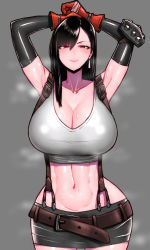 Rule 34 | 1girl, absurdres, armpits, black hair, breasts, cleavage, cowboy shot, final fantasy, final fantasy vii, grey background, hands up, highres, huge breasts, long hair, looking at viewer, midriff, navel, red eyes, simple background, smile, solo, sweat, tank top, tifa lockhart, very long hair, wide hips, wolffeld price