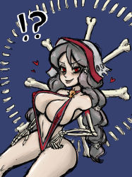 Rule 34 | !, !?, 1girl, annie&#039;s mother (skullgirls), blue background, braid, breasts, cowboy shot, drawfag, dutch angle, grey hair, hand on own hip, hand on own leg, large breasts, leotard, mature female, navel, red eyes, skeletal arm, skullgirls, slingshot swimsuit, smile, solo, swimsuit, twin braids