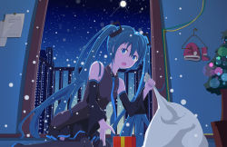 Rule 34 | 1girl, aqua eyes, aqua hair, bad id, bad pixiv id, box, christmas, christmas tree, detached sleeves, gift, gift box, hair ornament, hatsune miku, holding, long hair, necktie, open mouth, patisurotto, pleated skirt, sitting, skirt, snowing, solo, twintails, vocaloid