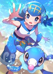 Rule 34 | 1girl, absurdres, blue eyes, blue hair, blue pants, blue sailor collar, blush, collarbone, commentary, creatures (company), eyelashes, game freak, gen 7 pokemon, hairband, highres, lana (pokemon), looking at viewer, nintendo, one-piece swimsuit, open mouth, pants, pokemon, pokemon (creature), pokemon sm, pon yui, popplio, sailor collar, sandals, shirt, short hair, sleeveless, sleeveless shirt, smile, swimsuit, swimsuit under clothes, tongue, trial captain, white shirt