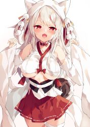 Rule 34 | 1girl, :d, animal ears, azur lane, bare shoulders, blush, bow, breasts, collar, collarbone, commentary request, cowboy shot, crop top, detached sleeves, fake animal ears, fang, hands up, highres, large breasts, long hair, long sleeves, looking at viewer, obi, open mouth, pleated skirt, red bow, red collar, red eyes, red skirt, sash, silver hair, simple background, skirt, sleeveless, sleeves past wrists, smile, solo, standing, tail, unacchi (nyusankin), underboob, veil, very long hair, white background, white sleeves, wide sleeves, wolf tail, yuudachi (azur lane), yuudachi (the bride of solomon) (azur lane)