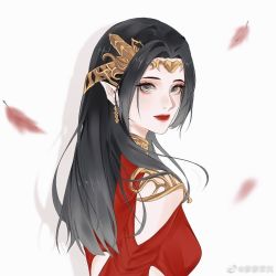 Rule 34 | 1girl, black hair, blurry, blurry background, cai lin (doupo cangqiong), doupo cangqiong, dress, falling leaves, from side, hair ornament, leaf, liaoliao fuchen, long hair, looking at viewer, looking back, pointy ears, red dress, smile, solo, upper body, white background